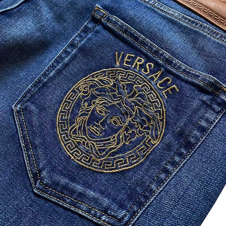 Shop Versace SS23  Washed Embroidered Straight-Leg Jeans Blue 1011835-1A03324-1D030