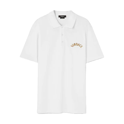 VERSACE SS23 White Polo Shirt with Solid Color and Embroidered Lettering 1010639-1A07698-1W000