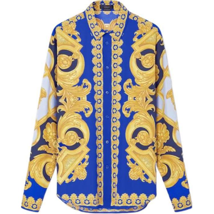 VERSACE SS23 Abstract Print Button-Up Long Sleeve Shirt Men’s Blue Gold 1008574-1A06149-5U670