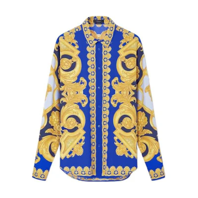 VERSACE SS23 Abstract Print Button-Up Long Sleeve Shirt Men’s Blue Gold 1008574-1A06149-5U670