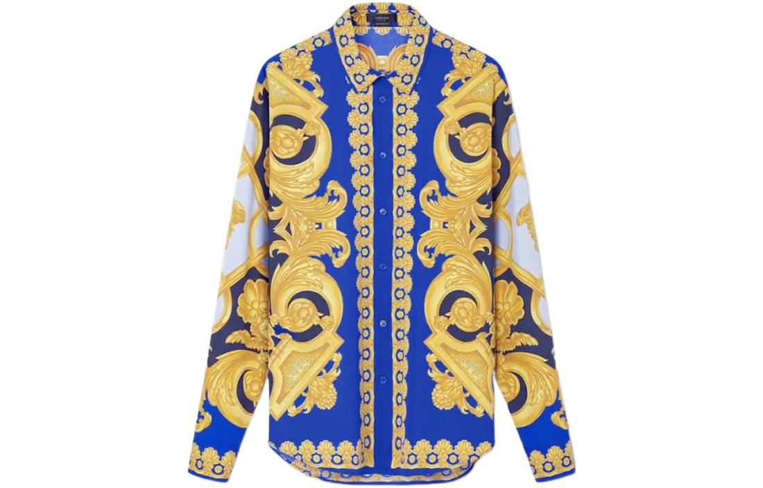 Order VERSACE SS23 Kemeja Lengan Panjang Corak Abstrak Lelaki Biru Emas 1008574-1A06149-5U670
