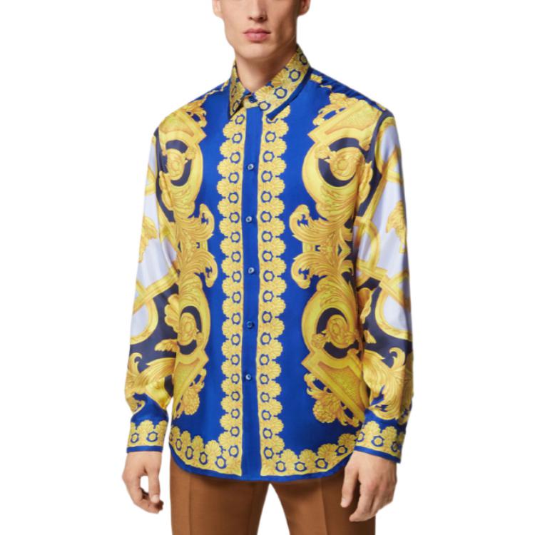 Shop VERSACE SS23 Kemeja Lengan Panjang Corak Abstrak Lelaki Biru Emas 1008574-1A06149-5U670