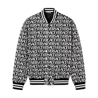 Versace SS23 All-Over Logo Baseball Collar Jacket Black Fashion 1009424-1A06879-5B040