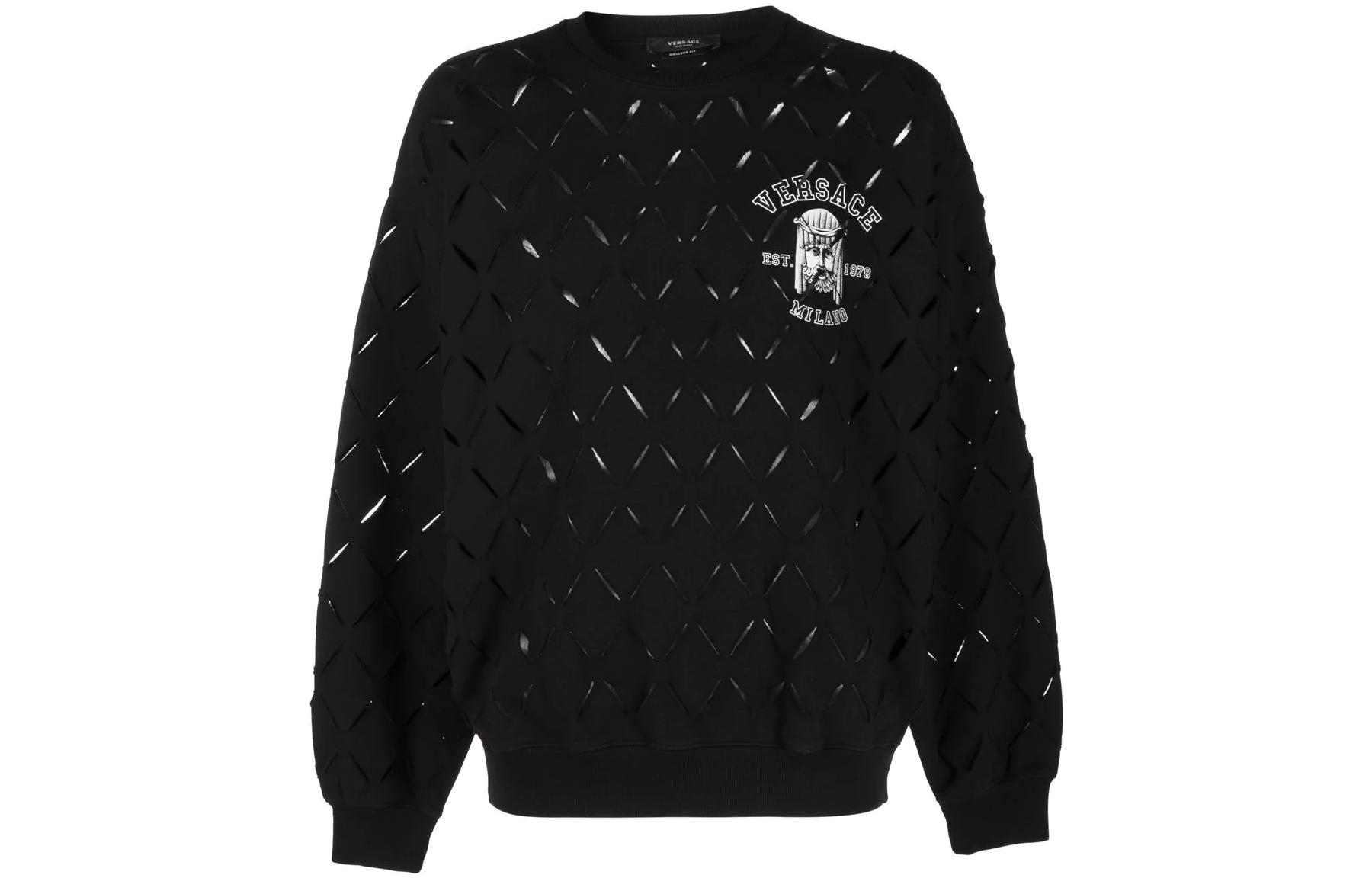 Versace SS23 Black Crewneck Sweatshirt with Logo Print and Cutout Design 1009343-1A0679-1B000