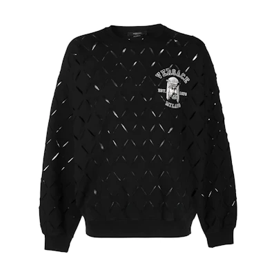 Versace SS23 Black Crewneck Sweatshirt with Logo Print and Cutout Design 1009343-1A0679-1B000