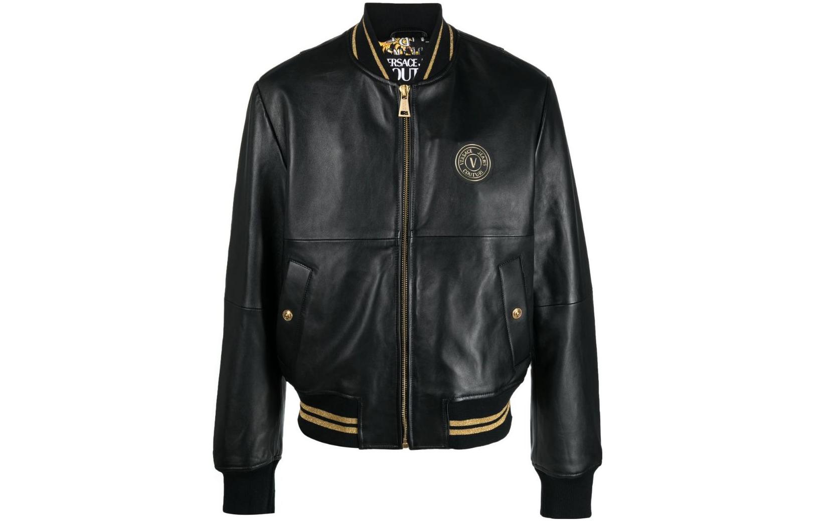 Versace SS23 Black Leather Jacket with Logo Patch and Zipper 74GAVP0-7CPPS3-899