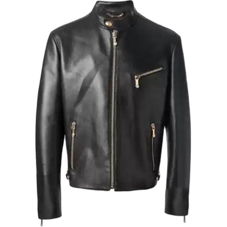 Versace SS23 Black Leather Stand Collar Casual Jacket A69444-213686-A008