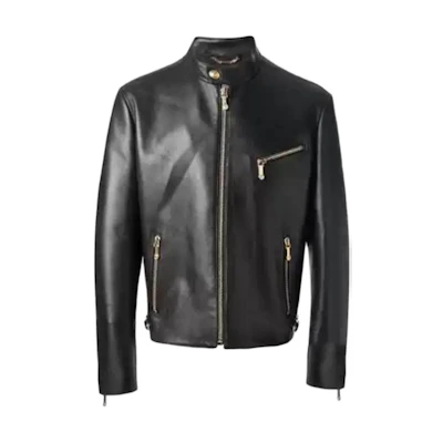 Versace SS23 Black Leather Stand Collar Casual Jacket A69444-213686-A008