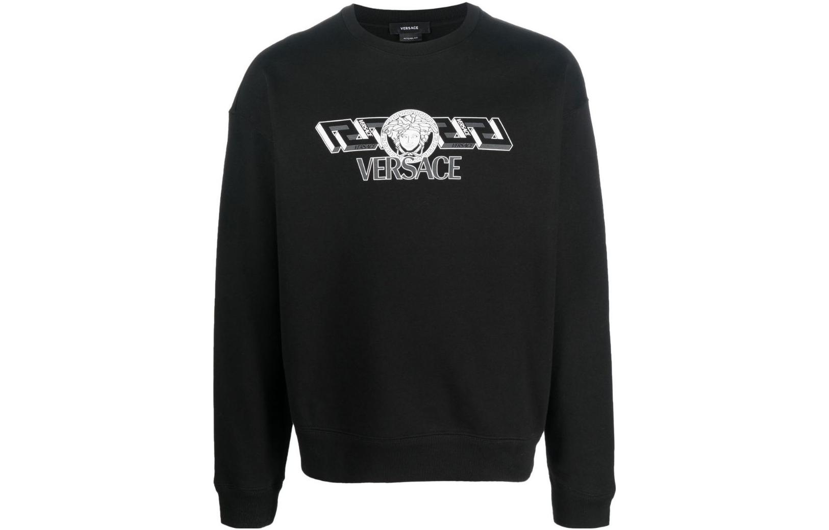 Versace SS23 Black Logo Print Pullover Sweatshirt 1008535-1A06119-1B000