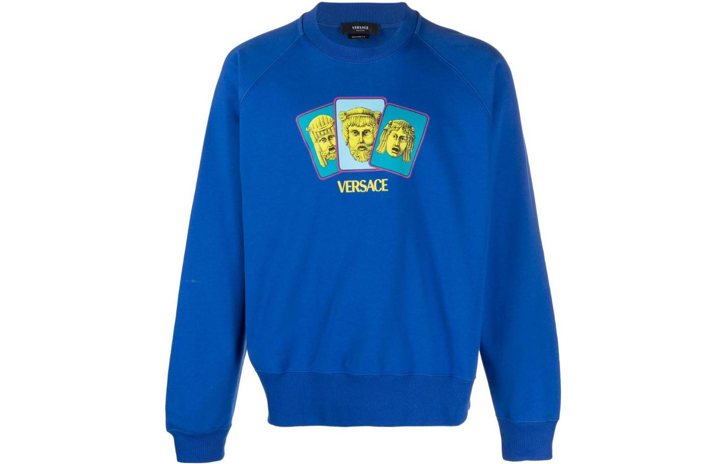 Versace SS23 Blue Crewneck Long-Sleeve Sweatshirt with Graphic Logo 1009346-1A06798-1UE30