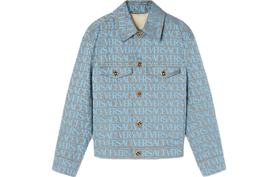 Versace SS23 Blue Letter Print Collared Long-Sleeve Jacket 1011032-1A07734-2UL90