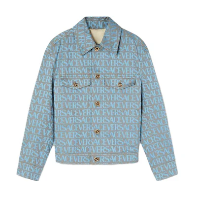 Versace SS23 Blue Letter Print Collared Long-Sleeve Jacket 1011032-1A07734-2UL90