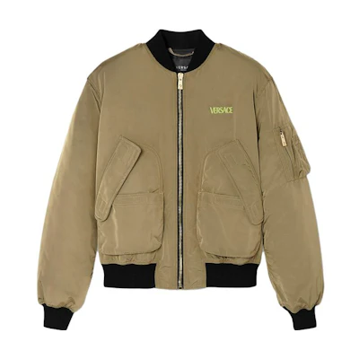 Versace SS23 Brown Logo Embroidered Patchwork Bomber Jacket for Men 1009529-1A06912-5G530