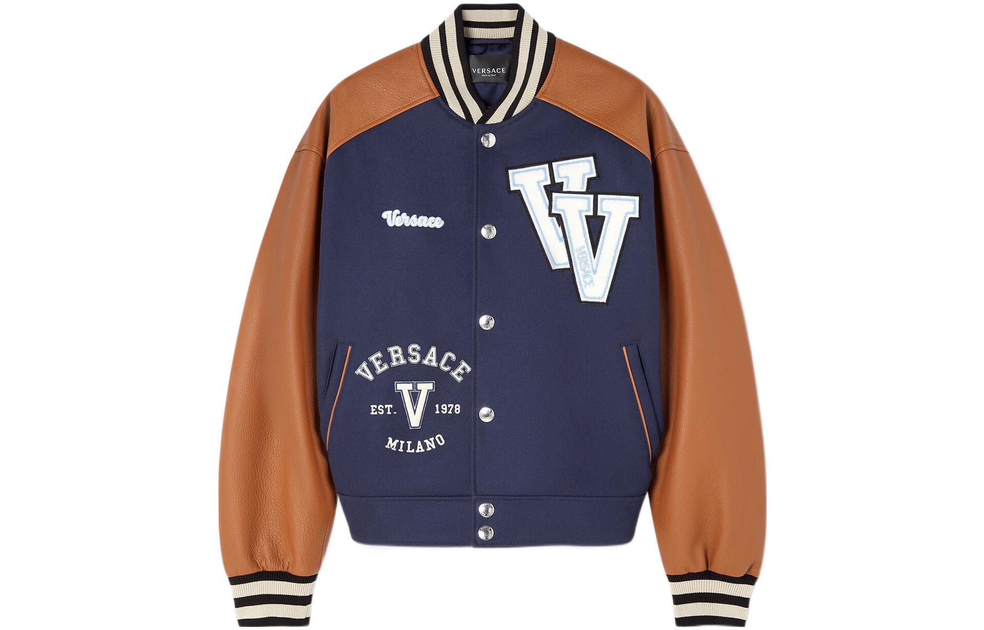 VERSACE SS23 Brown Patchwork Logo Embroidered Varsity Bomber Jacket Men. 1007449-1A05273-2UG50