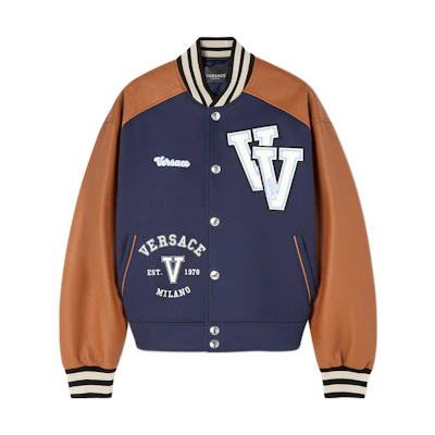 VERSACE SS23 Brown Patchwork Logo Embroidered Varsity Bomber Jacket Men. 1007449-1A05273-2UG50