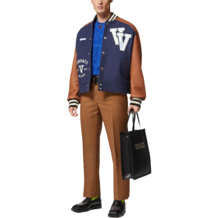 Lookbook VERSACE SS23 Brown Patchwork Logo Embroidered Varsity Bomber Jacket Men. 1007449-1A05273-2UG50