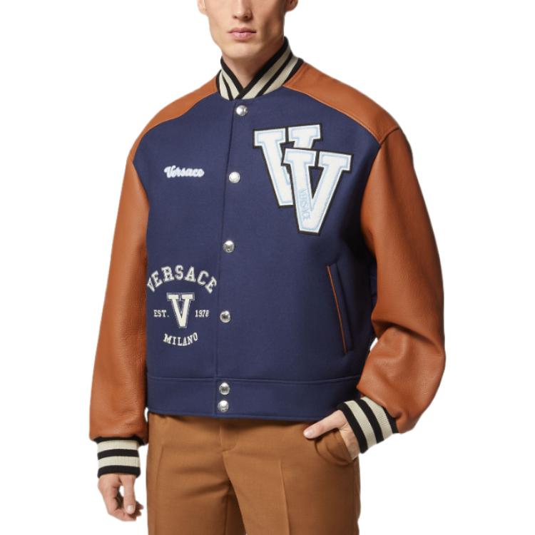 Shop VERSACE SS23 Brown Patchwork Logo Embroidered Varsity Bomber Jacket Men. 1007449-1A05273-2UG50