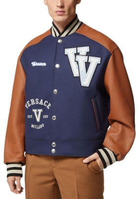 VERSACE SS23 Brown Patchwork Logo Embroidered Varsity Bomber Jacket Men. 1007449-1A05273-2UG50 Shop VERSACE SS23 Brown Patchwork Logo Embroidered Varsity Bomber Jacket Men. 1007449-1A05273-2UG50