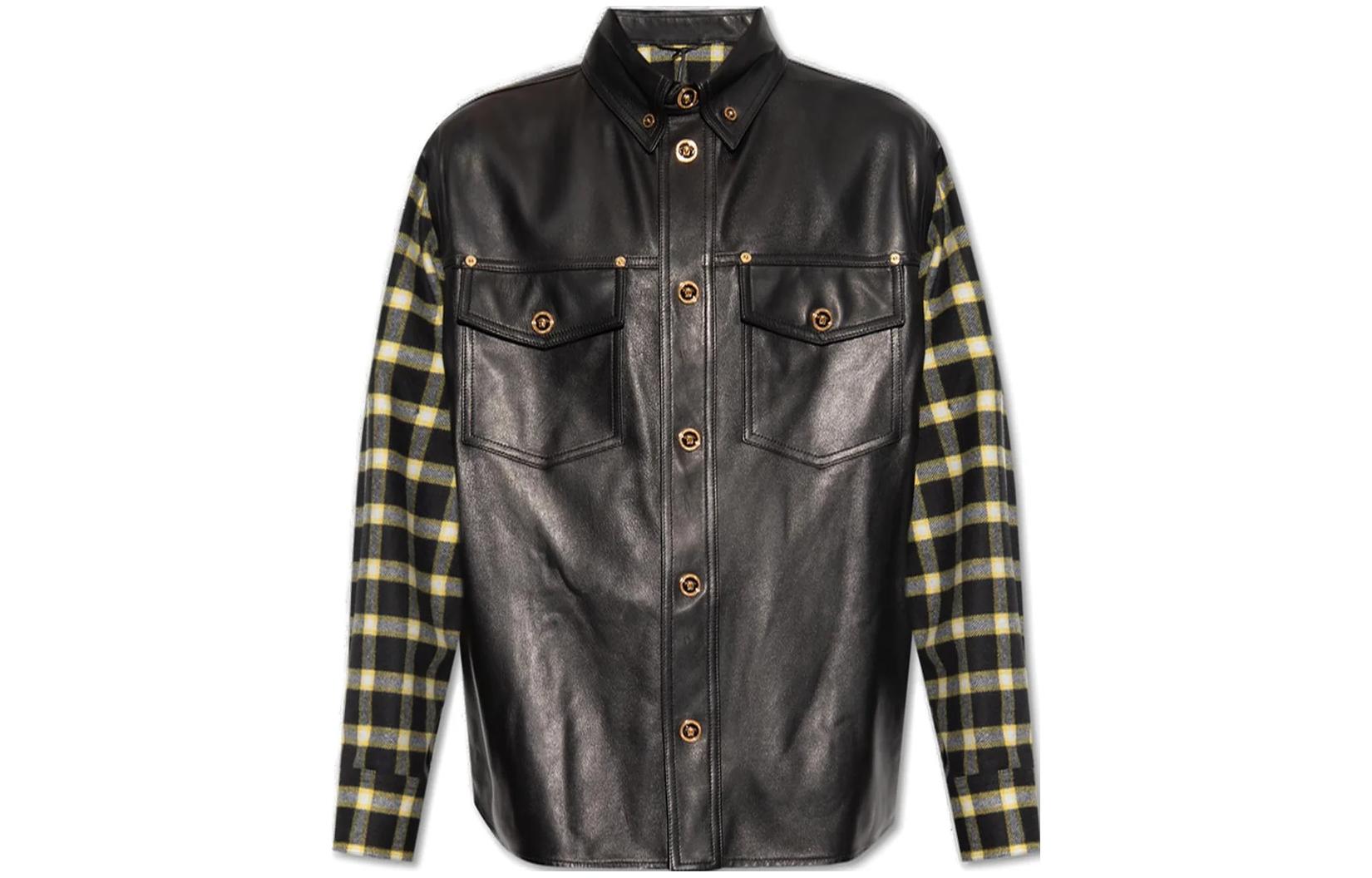 Order Versace SS23 Checkered Panel Button-Up Leather Jacket  Black 1010263-1A07471-2B710