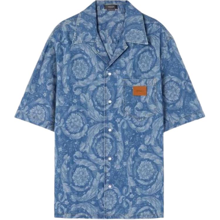 VERSACE SS23 Floral Print Button-Up Relaxed Short Sleeve Shirt Denim Blue Men 1007836-1A05765-1D520