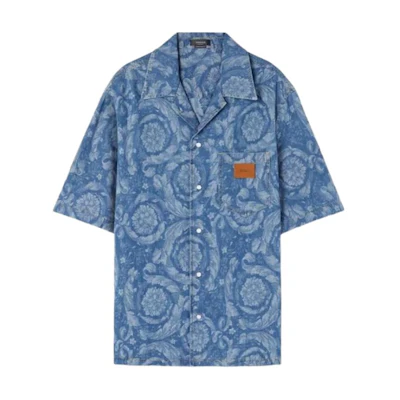 VERSACE SS23 Floral Print Button-Up Relaxed Short Sleeve Shirt Denim Blue Men 1007836-1A05765-1D520