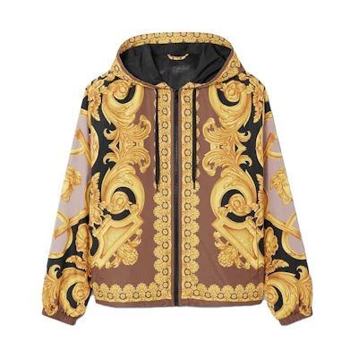 VERSACE SS23 Gold Logo Print Hooded Zip Jacket Outerwear. 1008037-1A06165-5B940
