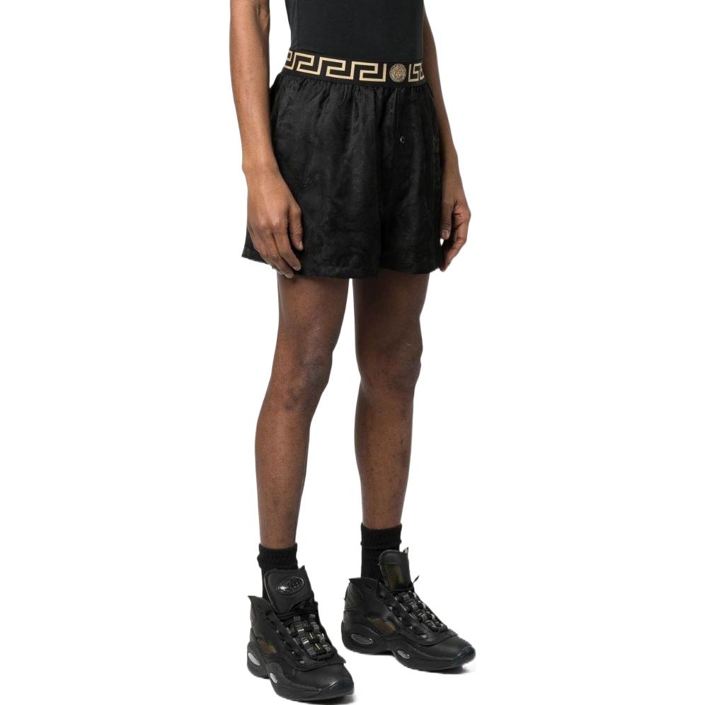 Purchase Versace SS23 Greek Key Jacquard Waistband Straight-Fit Shorts Men Black. 1000948-1A06342-5B050