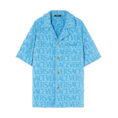 VERSACE SS23 Light Blue Jacquard Logo Print Cuban Collar Short Sleeve Shirt Men 1010256-1A07718-1VA90