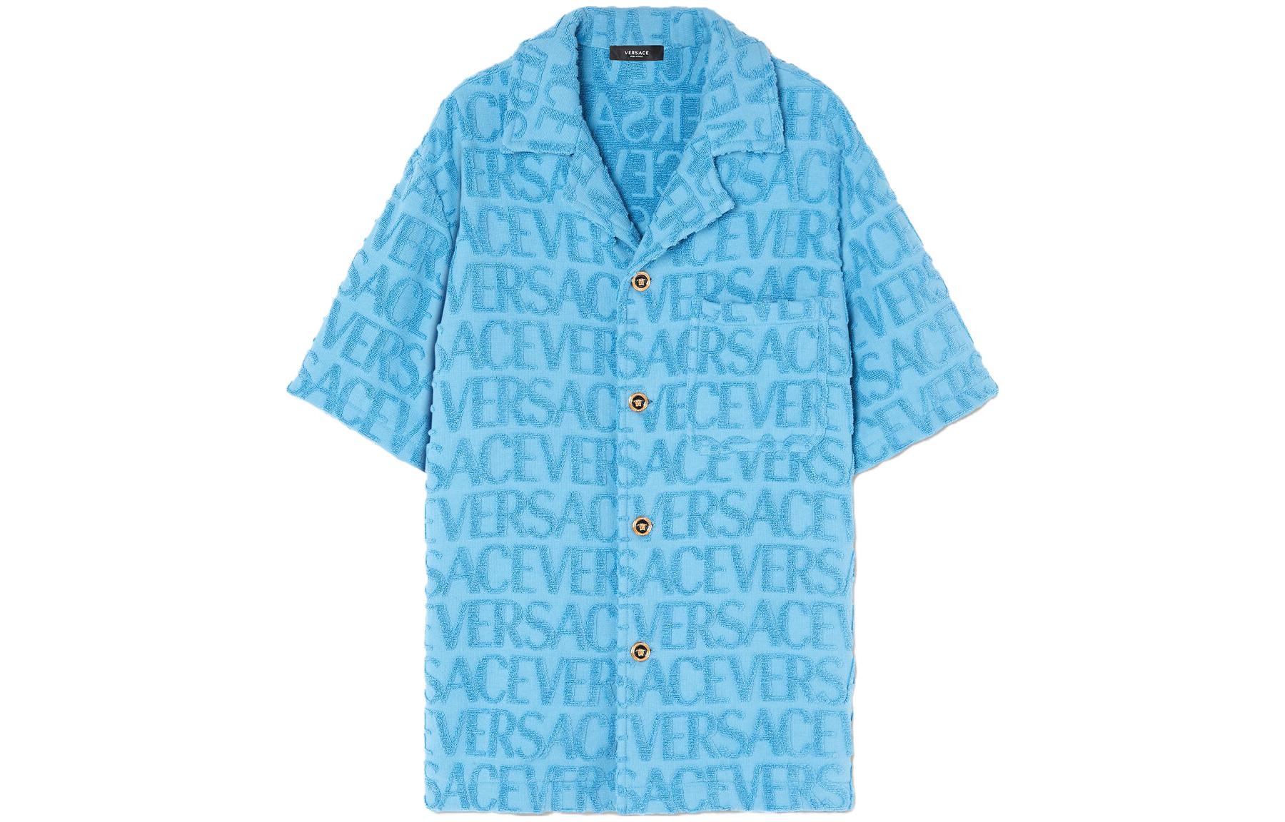 Order ヴェルサーチ SS23 ライトブルー ジャカード ロゴ プリント キューバンカラー 半袖シャツ メンズ 1010256-1A07718-1VA90