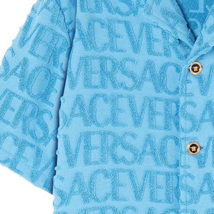 Sizing ヴェルサーチ SS23 ライトブルー ジャカード ロゴ プリント キューバンカラー 半袖シャツ メンズ 1010256-1A07718-1VA90