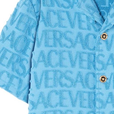 ヴェルサーチ SS23 ライトブルー ジャカード ロゴ プリント キューバンカラー 半袖シャツ メンズ 1010256-1A07718-1VA90 Sizing ヴェルサーチ SS23 ライトブルー ジャカード ロゴ プリント キューバンカラー 半袖シャツ メンズ 1010256-1A07718-1VA90