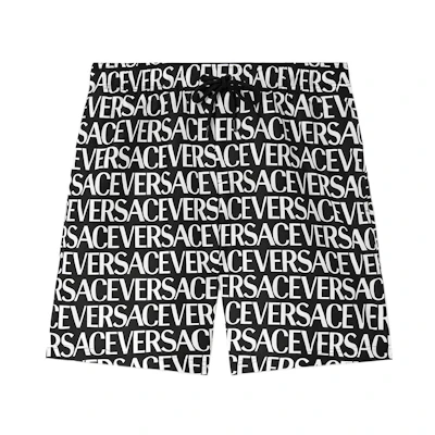 VERSACE SS23 Logo All-Over Print Straight Beach Shorts Black . 1002517-1A06993-5B040