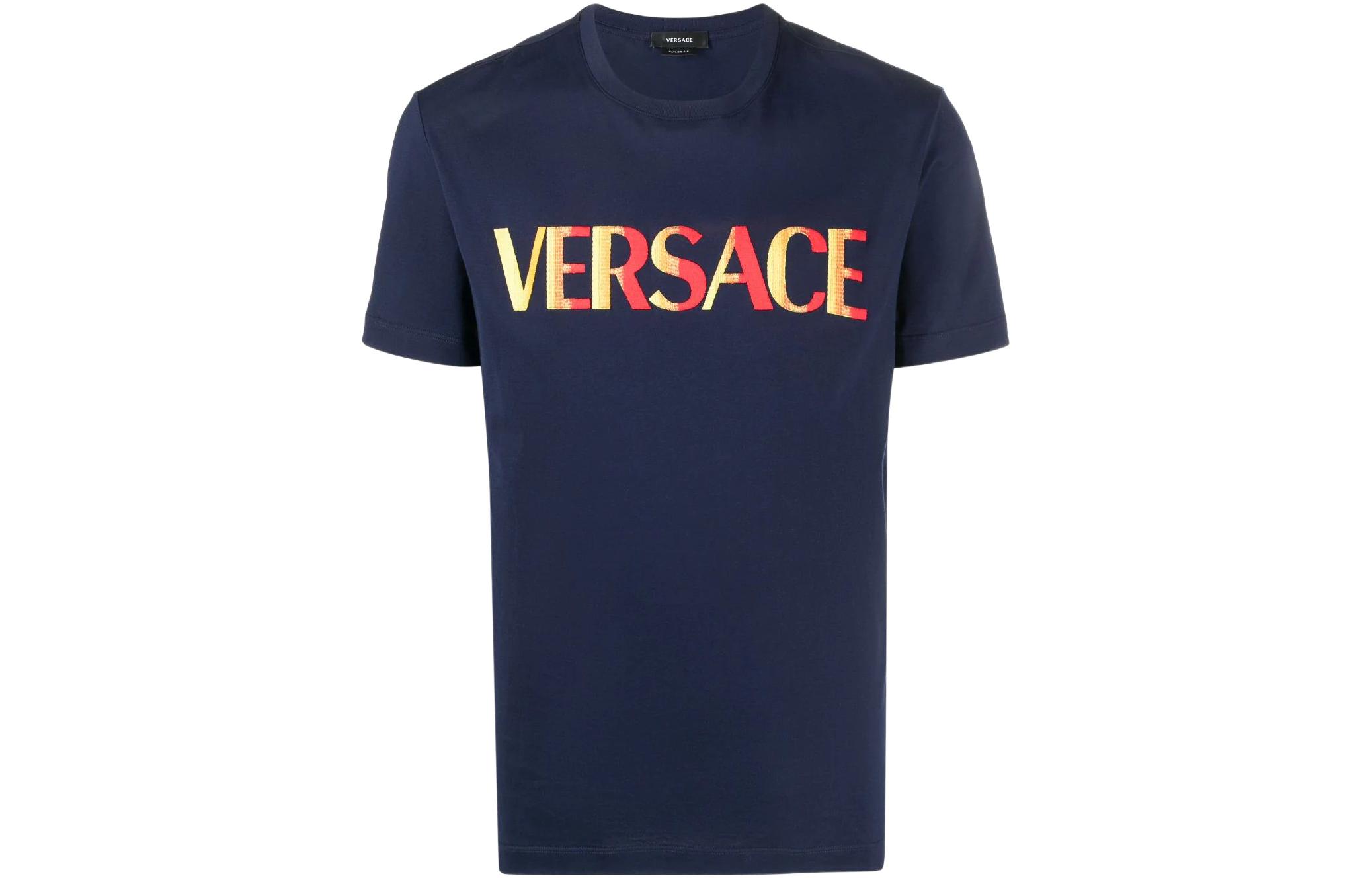 VERSACE SS23 Logo Embroidered Crewneck Short Sleeve T-Shirt  Blue 1003982-1A02828-1U830