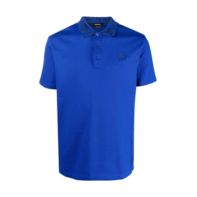 VERSACE SS23 Logo Print Short Sleeve Polo Shirt Men’s Blue A874021-A06199-2UI70