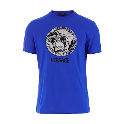 VERSACE SS23 Medusa Logo Print Blue Short Sleeve T-Shirt for Men. 1006984-1A04967-1UE30