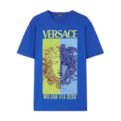 VERSACE SS23 Medusa Print Casual Crewneck T-Shirt Blue Tee 1008491-1A06070-1UE30