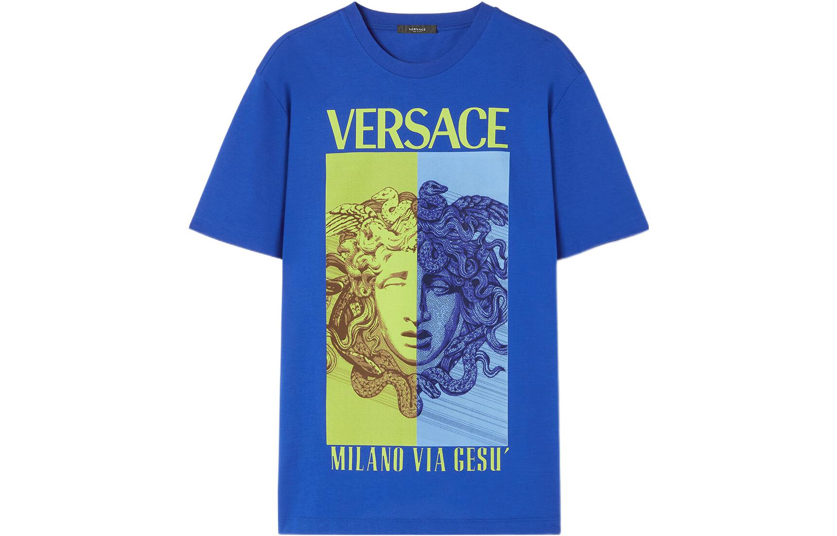 Order VERSACE SS23 Medusa Print Casual Crewneck T-Shirt Blue  Tee 1008491-1A06070-1UE30