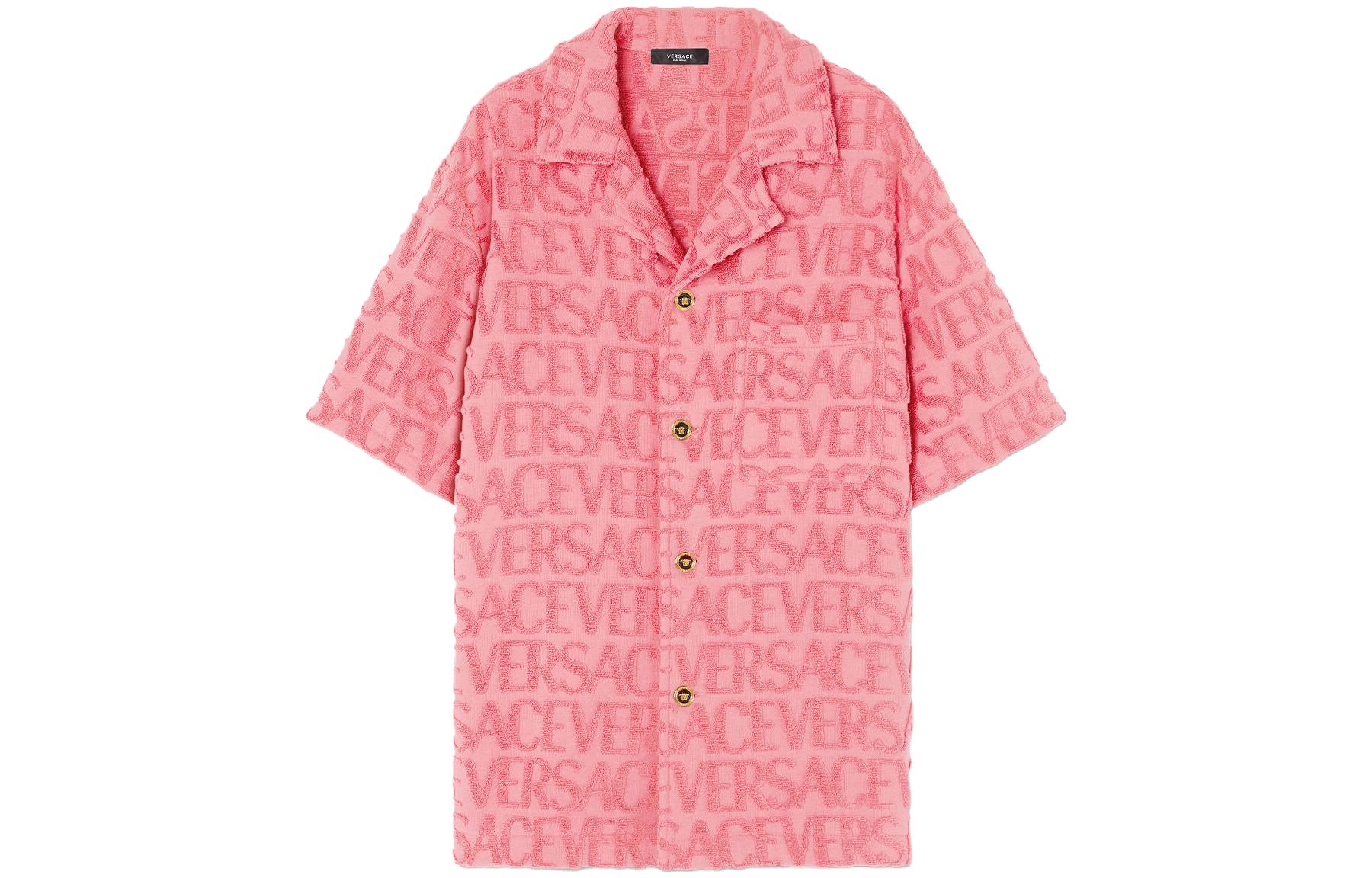 VERSACE SS23 Pink Short-Sleeve Cuban Collar Shirt with Logo Jacquard for Men 1010256-1A07718-1PN50