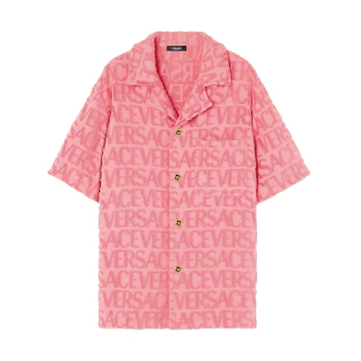 VERSACE SS23 Pink Short-Sleeve Cuban Collar Shirt with Logo Jacquard for Men 1010256-1A07718-1PN50