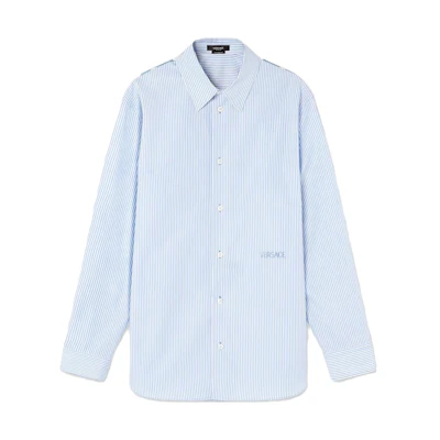 VERSACE SS23 Striped Logo Print Long Sleeve Shirt Blue 1010681-1A07743-5V510