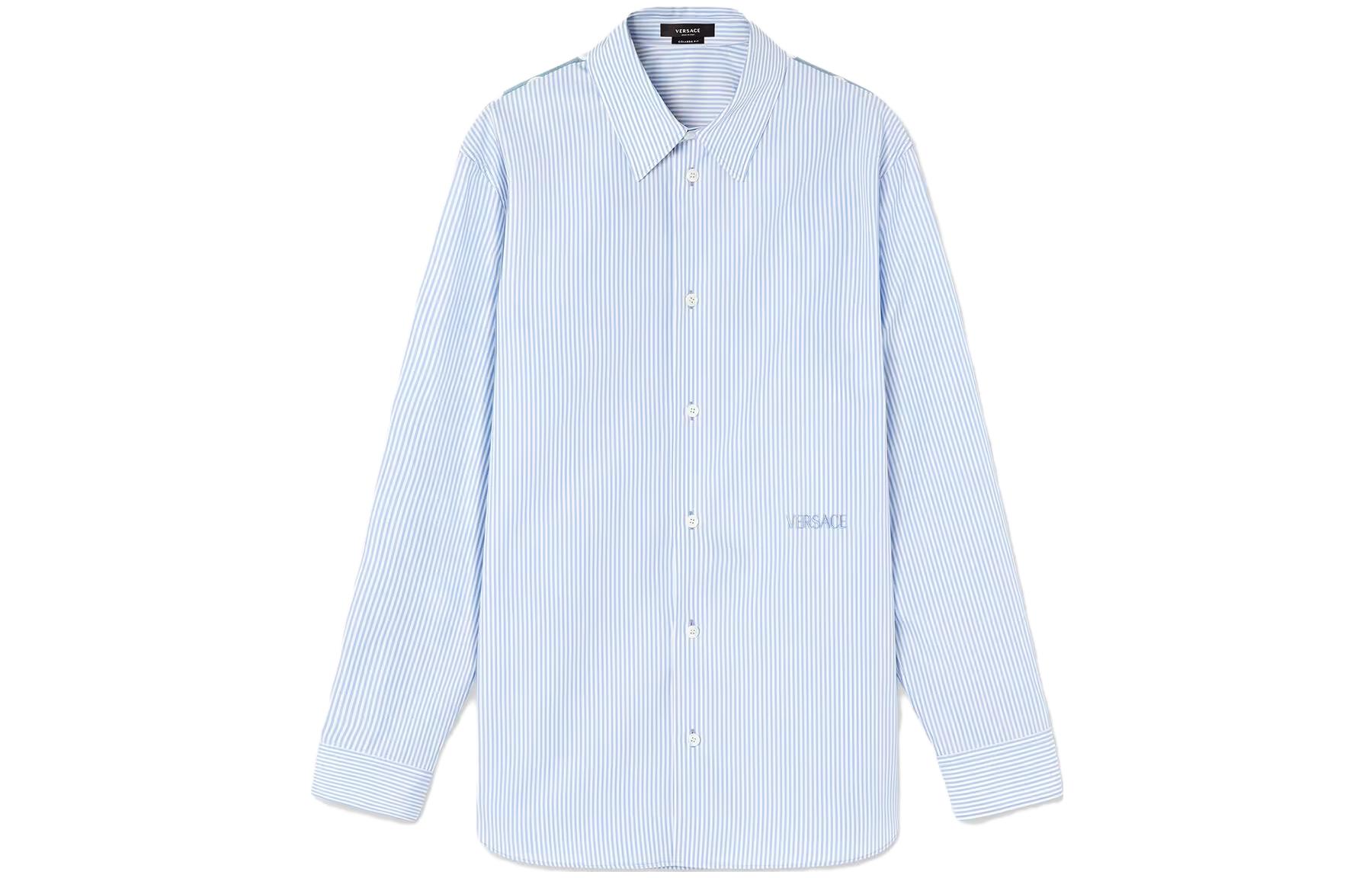 Order VERSACE SS23 Baju Lengan Panjang Logo Berjalur Biru 1010681-1A07743-5V510