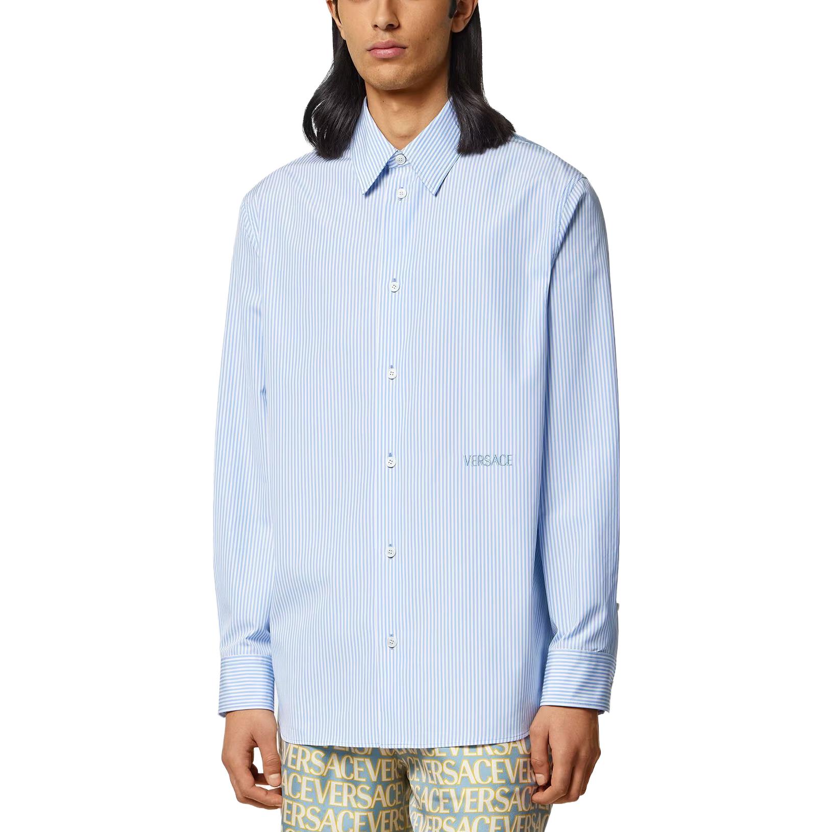 Shop VERSACE SS23 Baju Lengan Panjang Logo Berjalur Biru 1010681-1A07743-5V510