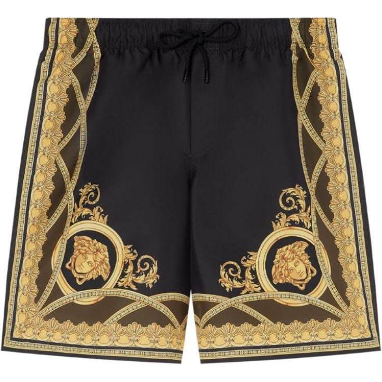 VERSACE SS24  Baroque Print Black Straight-Leg Beach Shorts. 1016218-1A11364-5BC60