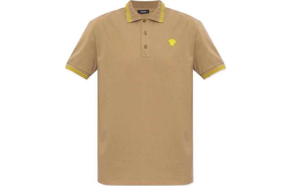 VERSACE SS24  Beige Polo Shirt with Logo Embroidery Short Sleeve Pullover. 1013910-1A09860-1KD40