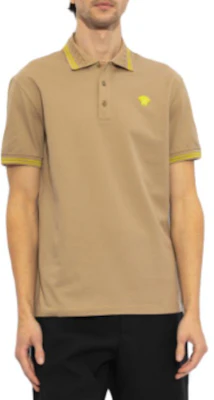 VERSACE SS24 Beige Polo Shirt with Logo Embroidery Short Sleeve Pullover. 1013910-1A09860-1KD40 Shop VERSACE SS24 Beige Polo Shirt with Logo Embroidery Short Sleeve Pullover. 1013910-1A09860-1KD40