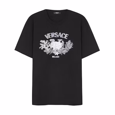 VERSACE SS24 Black Crewneck T-Shirt with Embroidered Logo Design. 1013302-1A11370-1B000