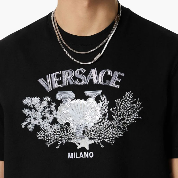 Details for 范思哲 SS24 黑色刺绣徽标设计圆领T恤. 1013302-1A11370-1B000