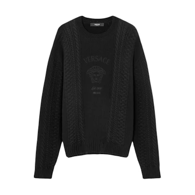 VERSACE SS24 Black Knit Sweater with Solid Logo Embroidery. 1015634-1A11003-1B000