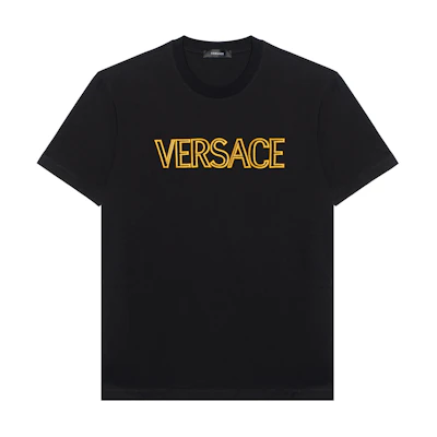 VERSACE SS24 Black Logo Embroidered Crewneck Casual T-Shirt 1011860-1A10755-2B150VERSACE