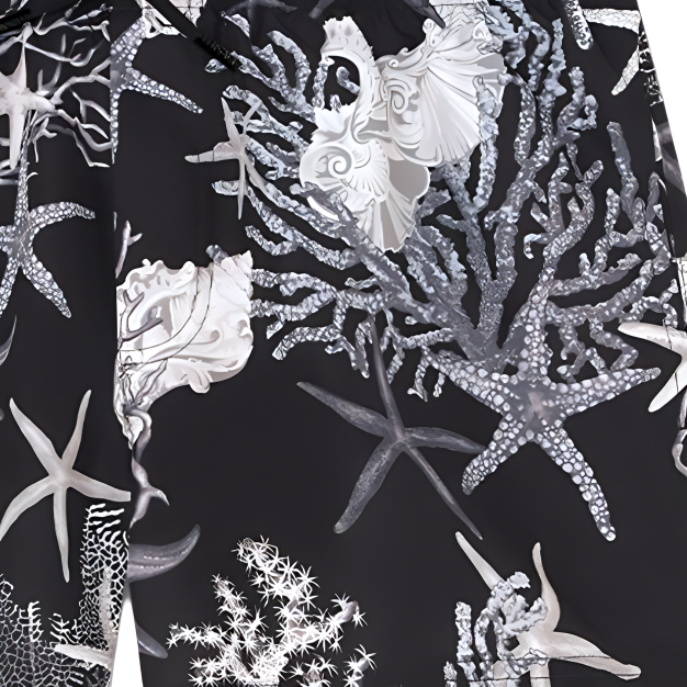 Purchase 베르사체 SS24 블랙 패턴 밴딩 스트레이트 비치 반바지. 1016217-1A11347-5BC70